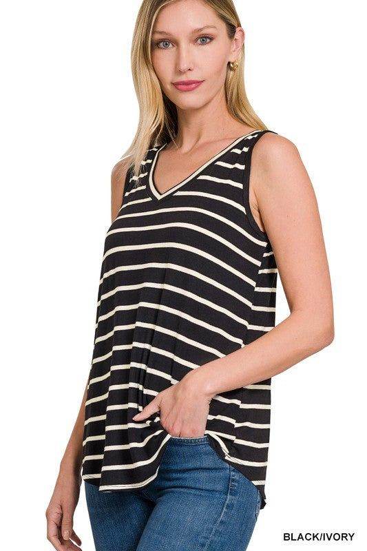 ZENANA | Stripe Sleeveless V-Neck Top - us.meeeshop