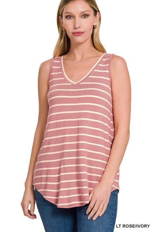 ZENANA | Stripe Sleeveless V-Neck Top us.meeeshop - Shirts & Tops