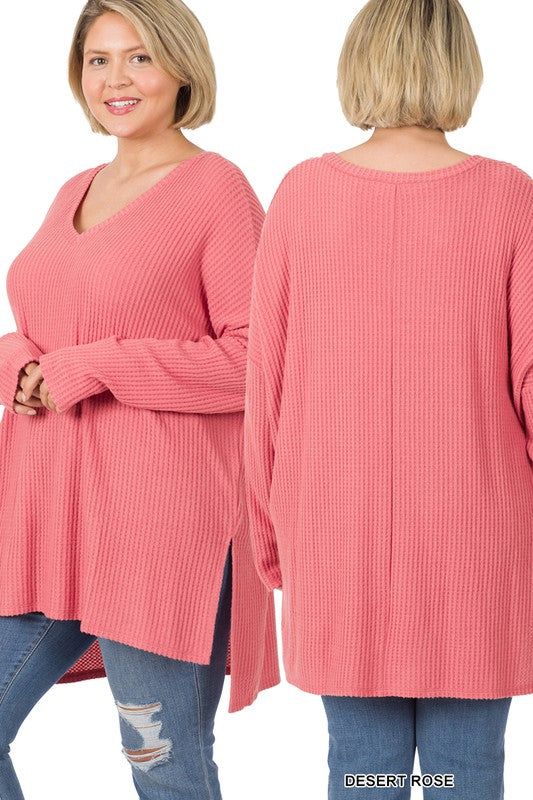 ZENANA The Plus Brushed Thermal Waffle V-Neck Sweater us.meeeshop - 