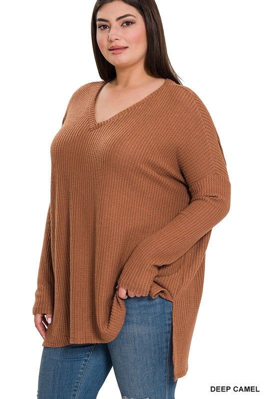 ZENANA The Plus Brushed Thermal Waffle V-Neck Sweater us.meeeshop - Shirts & Tops