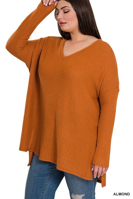 ZENANA The Plus Brushed Thermal Waffle V-Neck Sweater us.meeeshop - 