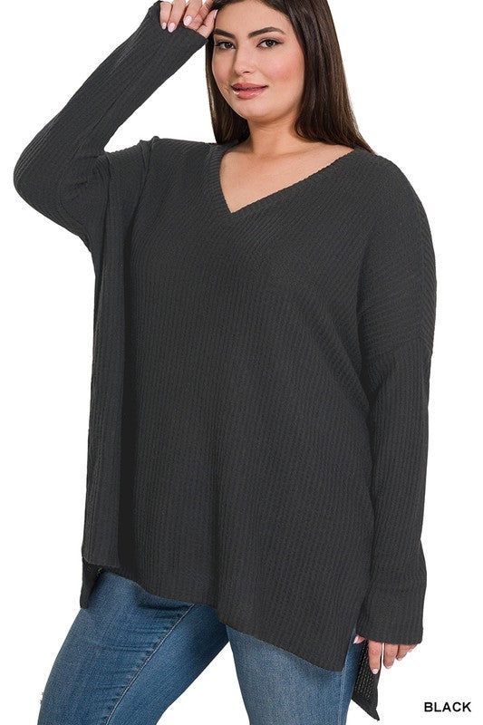 ZENANA The Plus Brushed Thermal Waffle V-Neck Sweater us.meeeshop - 