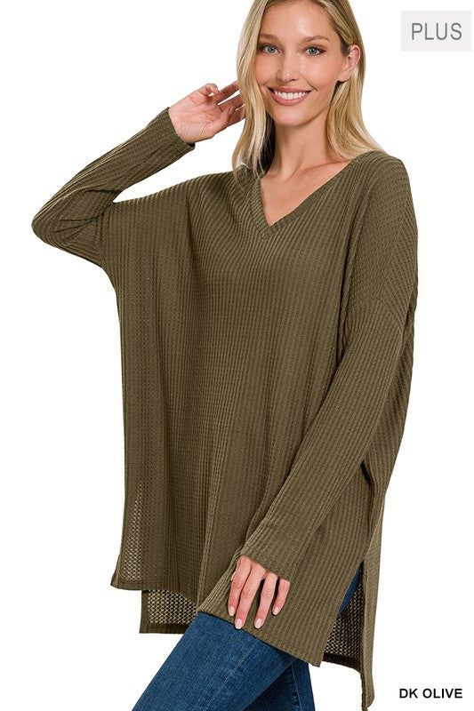 ZENANA The Plus Brushed Thermal Waffle V-Neck Sweater us.meeeshop - 