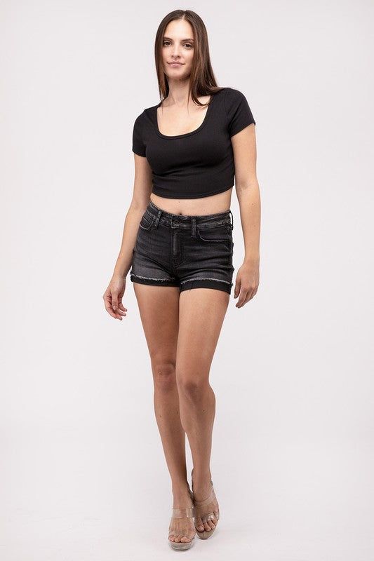 ZENANA Washed Black Cuffed Raw Hem Denim Shorts us.meeeshop - Shorts