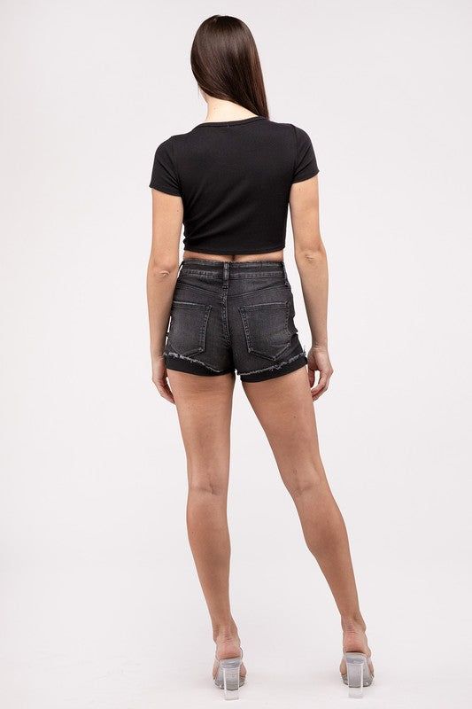 ZENANA Washed Black Cuffed Raw Hem Denim Shorts us.meeeshop - 