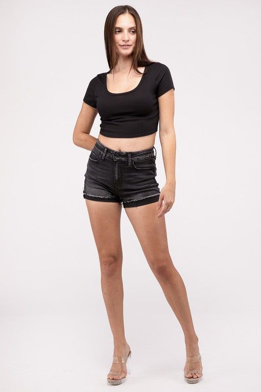 ZENANA Washed Black Cuffed Raw Hem Denim Shorts us.meeeshop - 