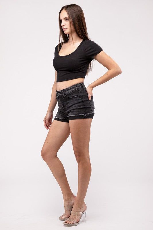 ZENANA Washed Black Cuffed Raw Hem Denim Shorts us.meeeshop - 