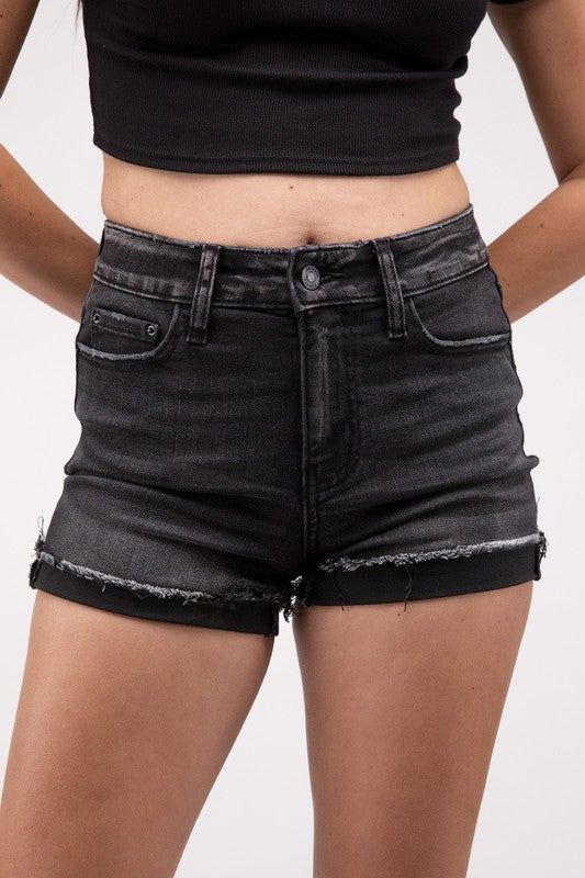 ZENANA Washed Black Cuffed Raw Hem Denim Shorts us.meeeshop - 