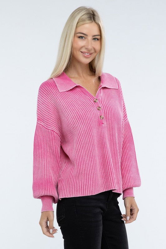 ZENANA Washed Collared Henley Sweater us.meeeshop - Shirts & Tops