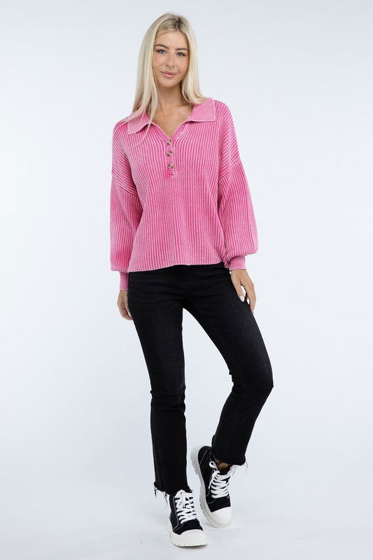 ZENANA Washed Collared Henley Sweater us.meeeshop - 