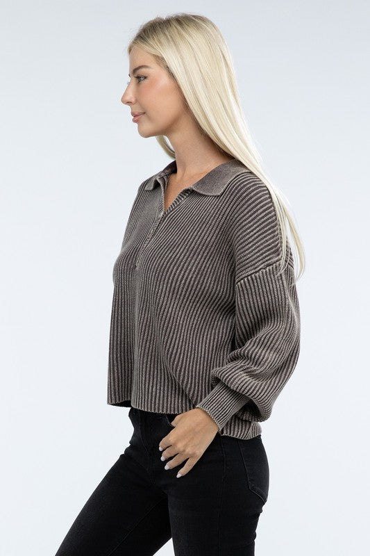 ZENANA Washed Collared Henley Sweater us.meeeshop - 