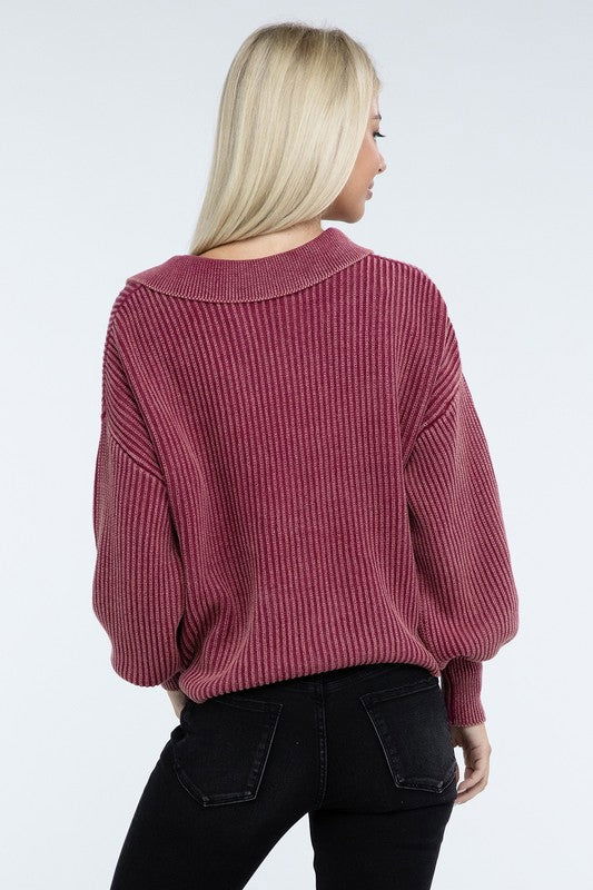 ZENANA Washed Collared Henley Sweater us.meeeshop - 