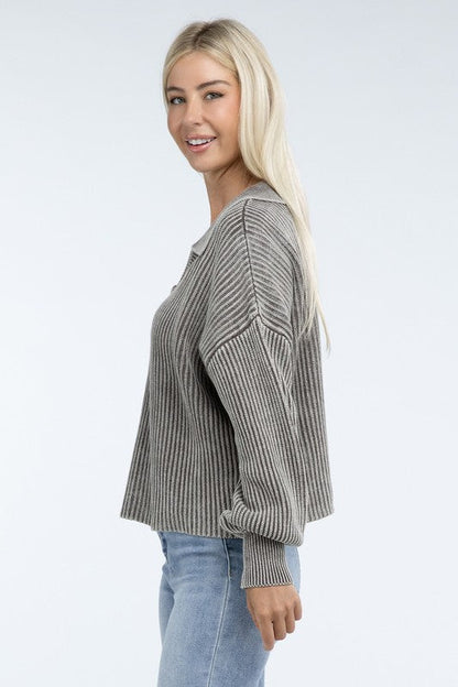 ZENANA Washed Collared Henley Sweater us.meeeshop - 