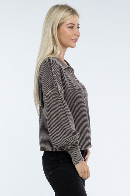 ZENANA Washed Collared Henley Sweater us.meeeshop - 