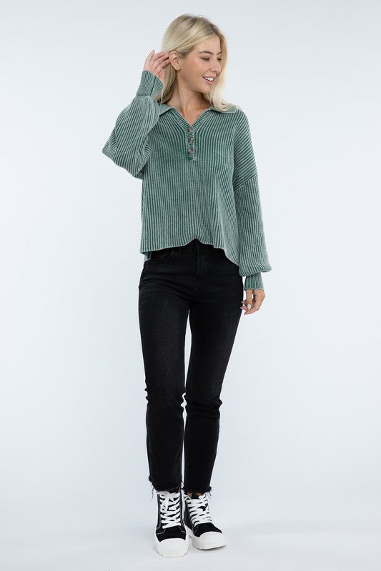 ZENANA Washed Collared Henley Sweater us.meeeshop - 