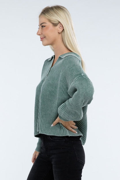 ZENANA Washed Collared Henley Sweater us.meeeshop - 