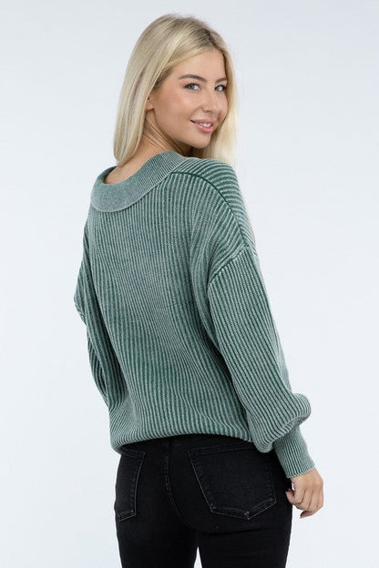 ZENANA Washed Collared Henley Sweater us.meeeshop - 