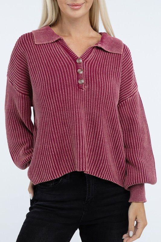 ZENANA Washed Collared Henley Sweater us.meeeshop - 