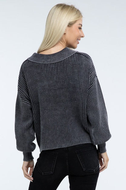 ZENANA Washed Collared Henley Sweater us.meeeshop - 