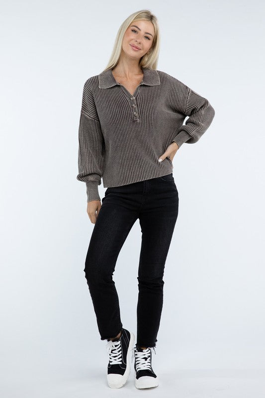 ZENANA Washed Collared Henley Sweater us.meeeshop - 