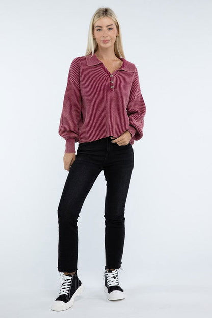 ZENANA Washed Collared Henley Sweater us.meeeshop - 