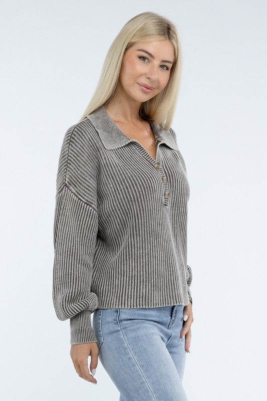 ZENANA Washed Collared Henley Sweater us.meeeshop - 