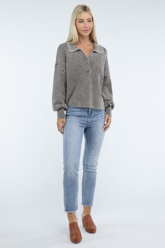 ZENANA Washed Collared Henley Sweater us.meeeshop - 