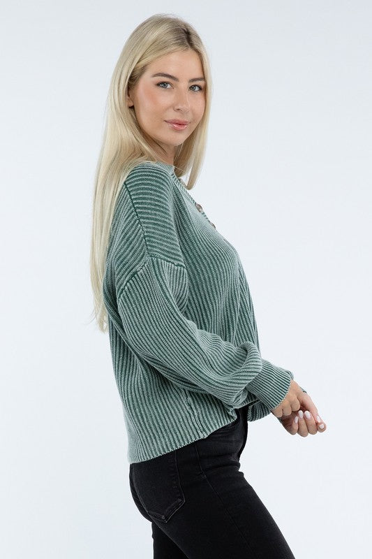 ZENANA Washed Collared Henley Sweater us.meeeshop - 