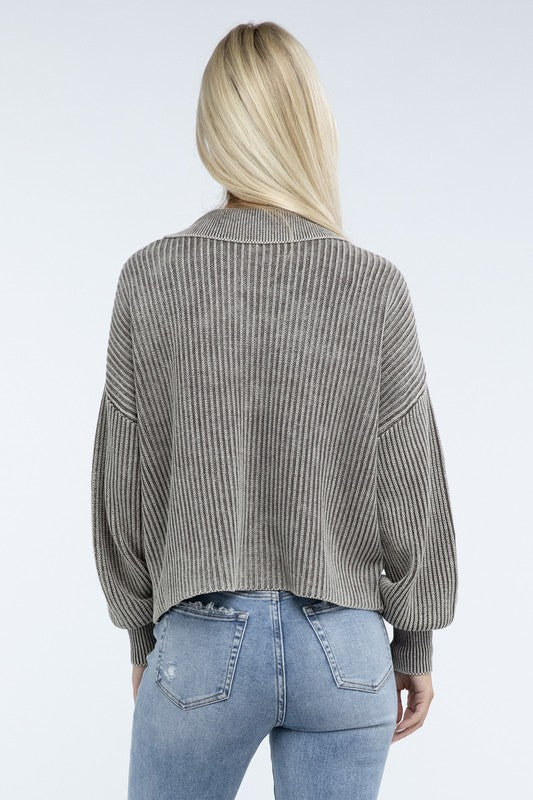 ZENANA Washed Collared Henley Sweater us.meeeshop - 