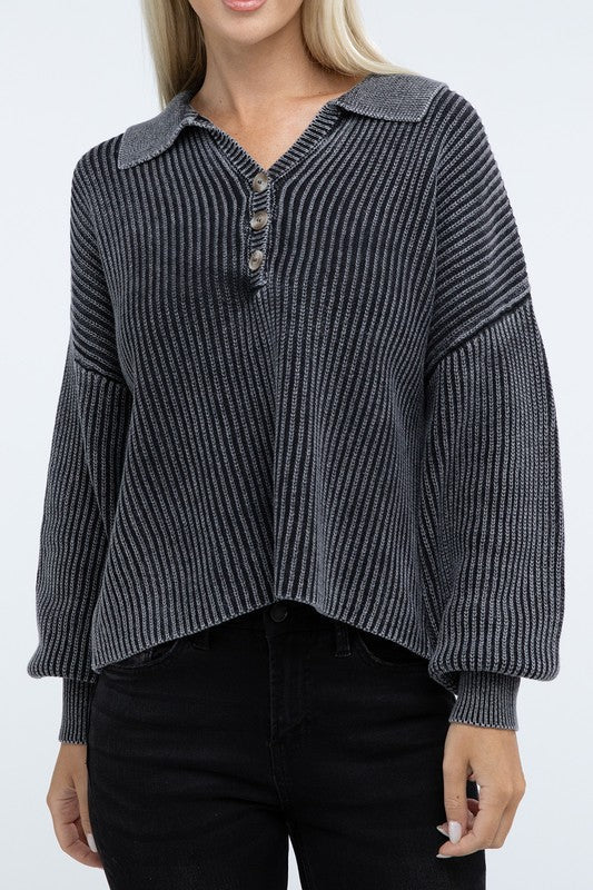 ZENANA Washed Collared Henley Sweater us.meeeshop - 