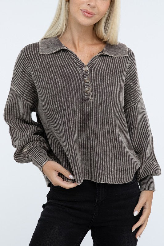 ZENANA Washed Collared Henley Sweater us.meeeshop - 