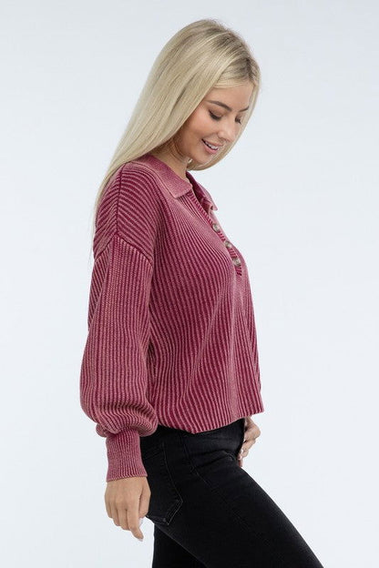 ZENANA Washed Collared Henley Sweater us.meeeshop - 