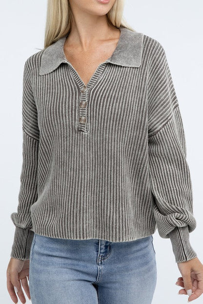 ZENANA Washed Collared Henley Sweater us.meeeshop - 