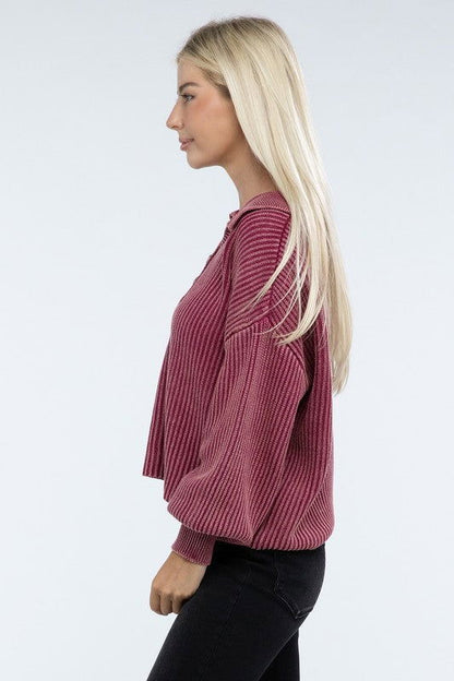 ZENANA Washed Collared Henley Sweater us.meeeshop - 