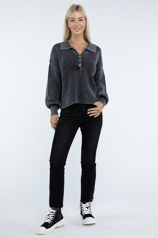 ZENANA Washed Collared Henley Sweater us.meeeshop - 