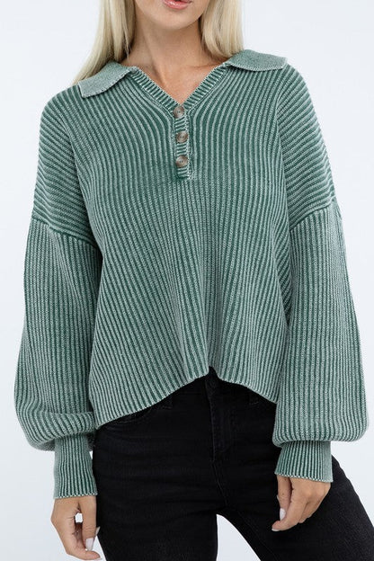 ZENANA Washed Collared Henley Sweater us.meeeshop - 