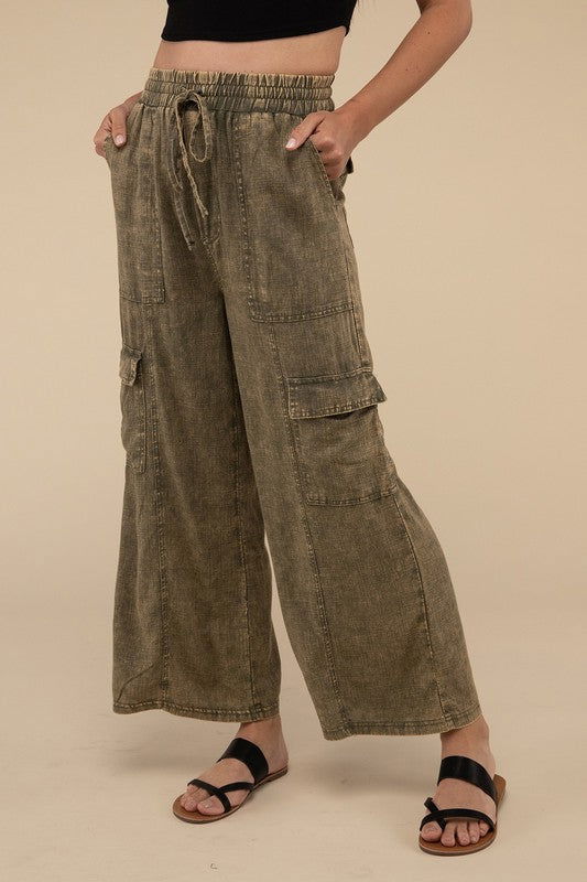 ZENANA Washed Linen Elastic Band Waist Cargo Pants us.meeeshop - 