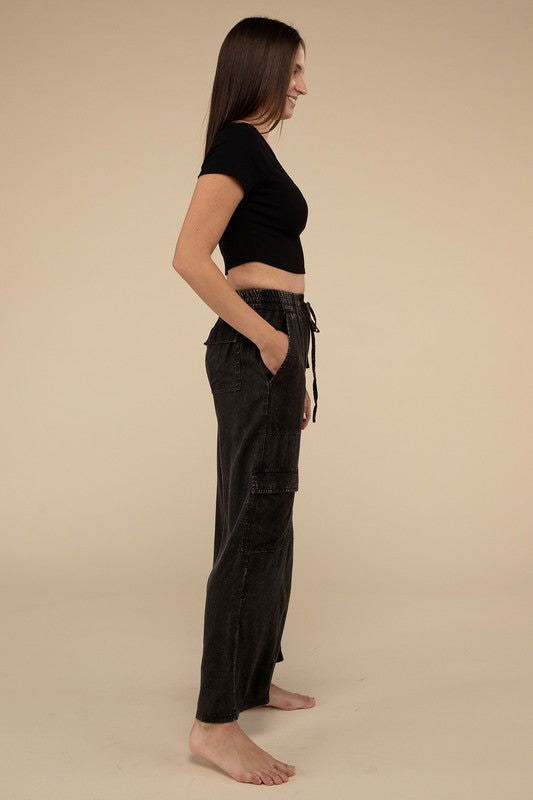 ZENANA Washed Linen Elastic Band Waist Cargo Pants us.meeeshop - 