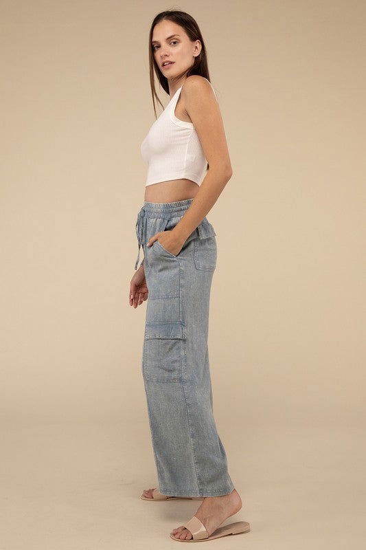 ZENANA Washed Linen Elastic Band Waist Cargo Pants us.meeeshop - 