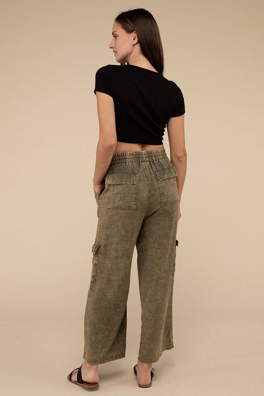 ZENANA Washed Linen Elastic Band Waist Cargo Pants us.meeeshop - 