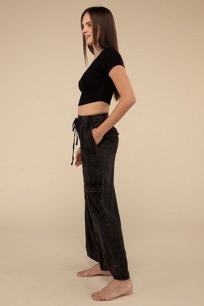 ZENANA Washed Linen Elastic Band Waist Cargo Pants us.meeeshop - 