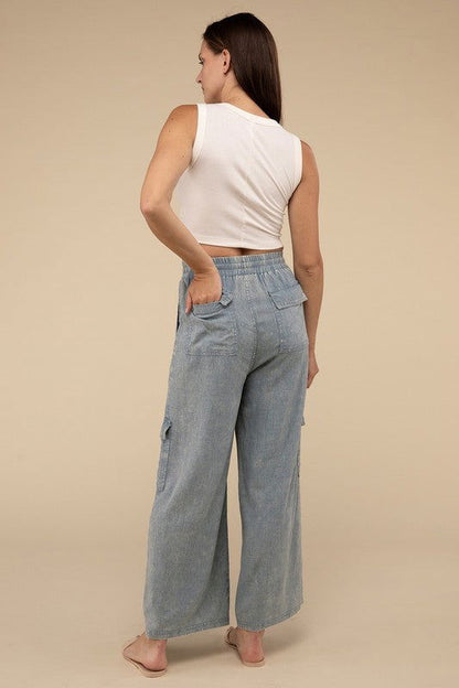 ZENANA Washed Linen Elastic Band Waist Cargo Pants us.meeeshop - 