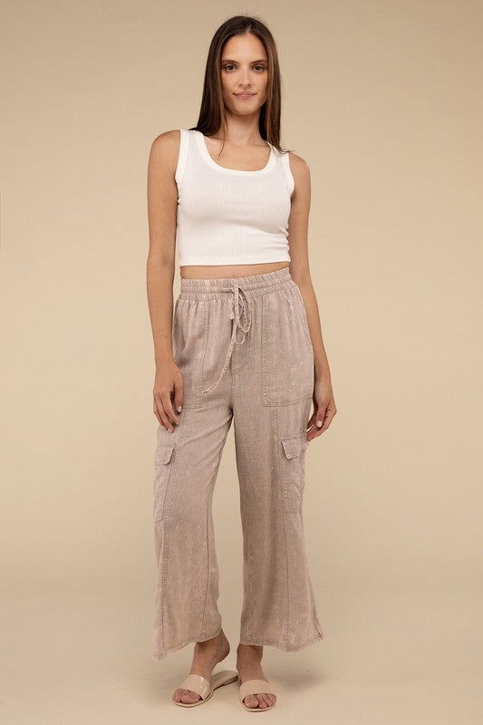 ZENANA Washed Linen Elastic Band Waist Cargo Pants us.meeeshop - 