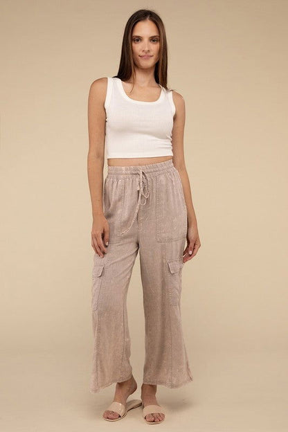 ZENANA Washed Linen Elastic Band Waist Cargo Pants us.meeeshop - 