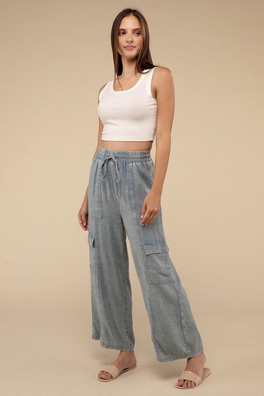 ZENANA Washed Linen Elastic Band Waist Cargo Pants us.meeeshop - 