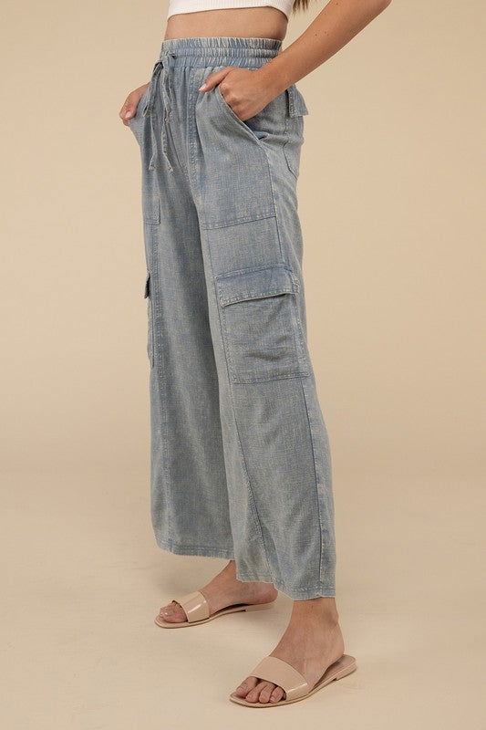 ZENANA Washed Linen Elastic Band Waist Cargo Pants us.meeeshop - Pants