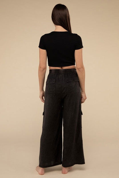 ZENANA Washed Linen Elastic Band Waist Cargo Pants us.meeeshop - 