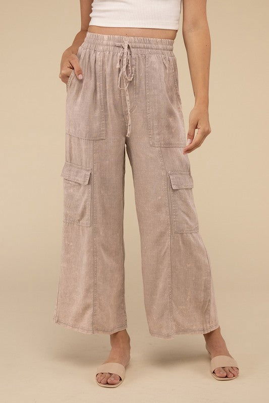 ZENANA Washed Linen Elastic Band Waist Cargo Pants us.meeeshop - 