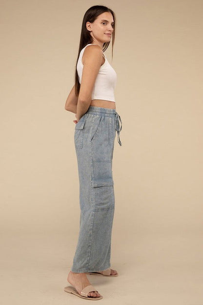 ZENANA Washed Linen Elastic Band Waist Cargo Pants us.meeeshop - 