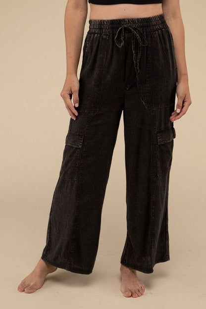 ZENANA Washed Linen Elastic Band Waist Cargo Pants us.meeeshop - 